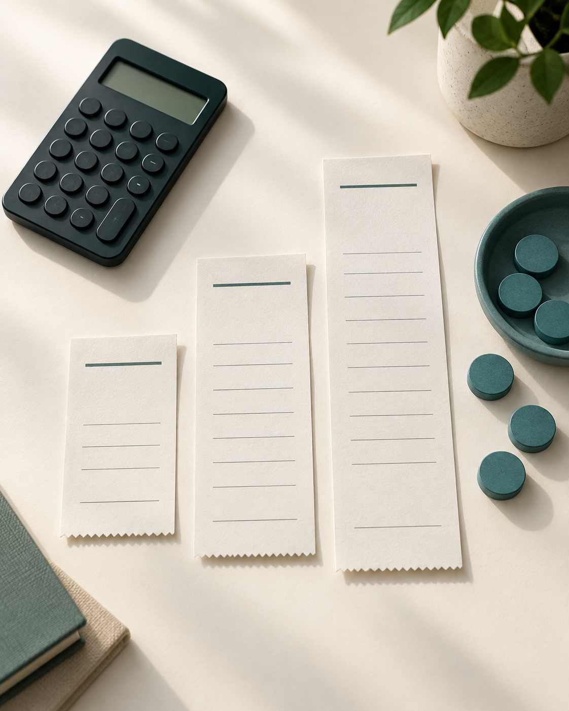 Illustration of paper bills, a calculator and five counters